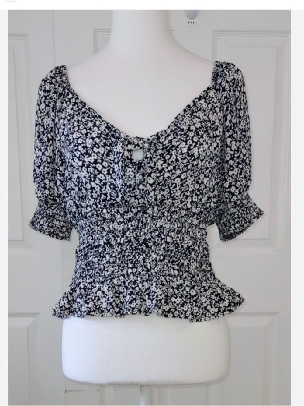 Navy Blue and White Floral Smocked Peplum Top